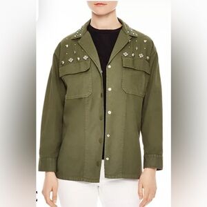 Sandro Karouna Linen Cotton Snap Front 3/4 Sleeve Studded Military-Style Jacket